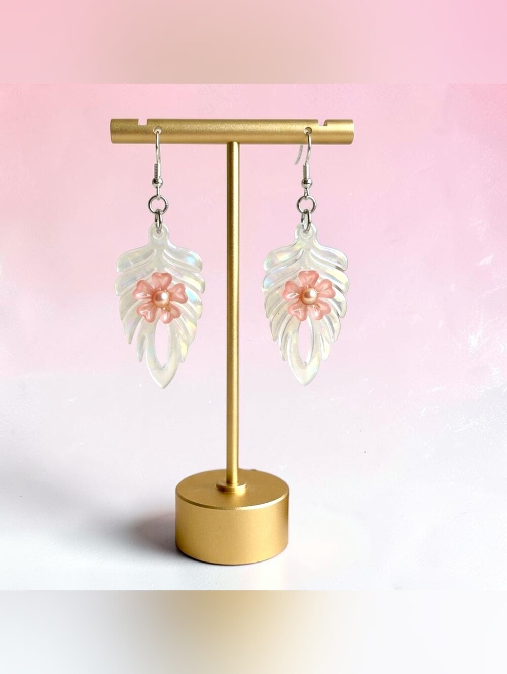 Iridescent Feather & Pink Flower Dangle Earrings | Hypoallergenic